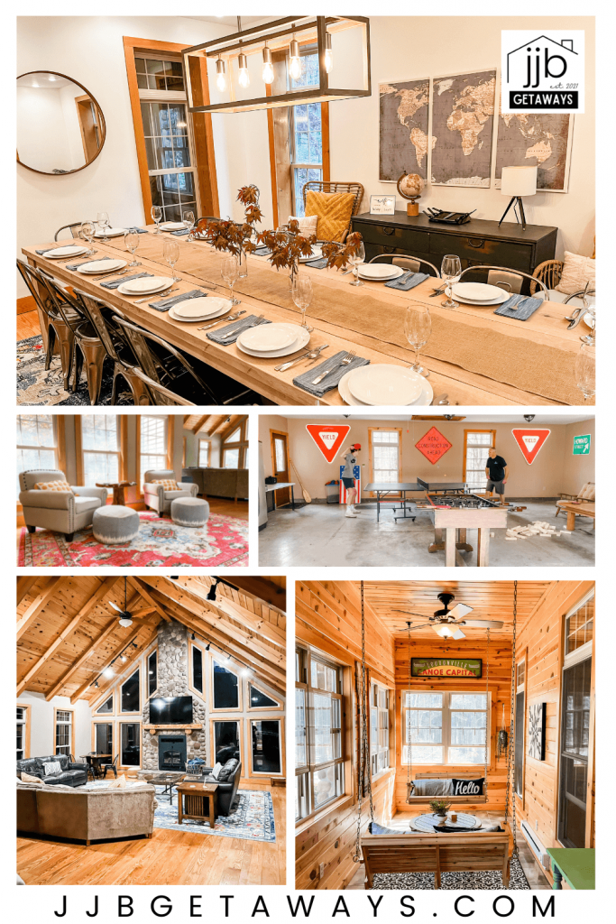 Large spaces for gathering include a giant great room, dining room with custom oak table, all season front porch, and three season game room.