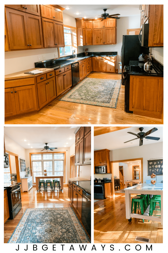 The Last Minute Lodge features a cooks kitchen that is fully stocked and ready to whip up a meal to enjoy together!